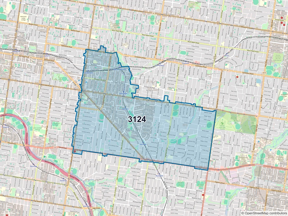Map of postcode 3124 — Camberwell, VIC, Australia