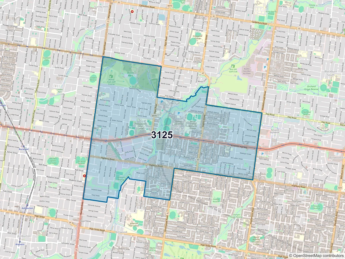 Map of postcode 3125 — Burwood, VIC, Australia