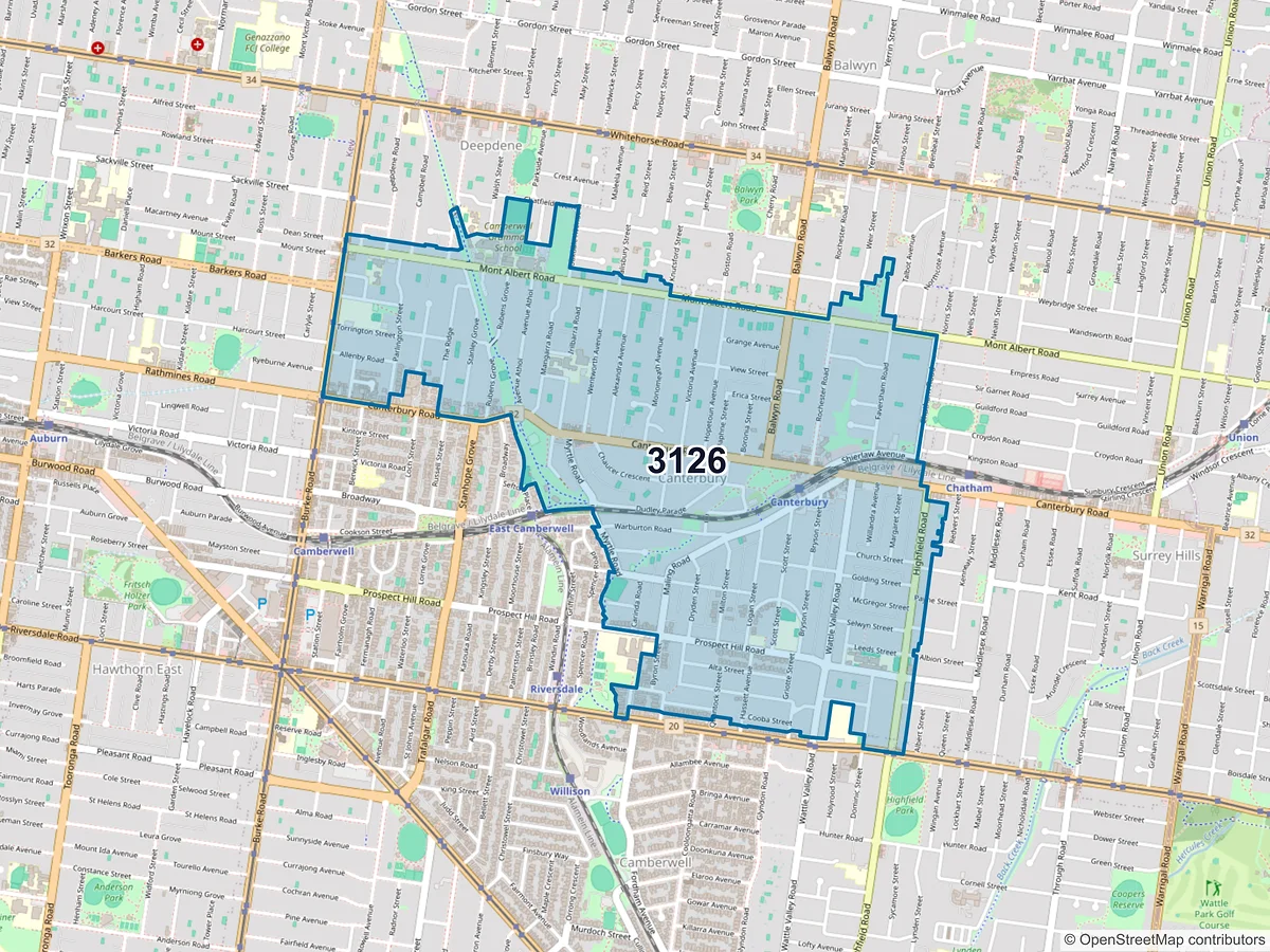 Map of postcode 3126 — Canterbury, VIC, Australia