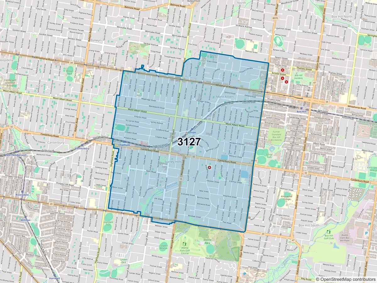 Map of postcode 3127 — Surrey Hills, VIC, Australia