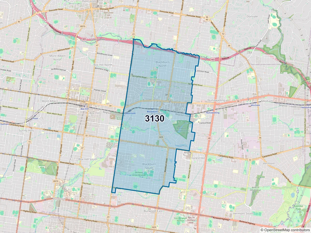 Map of postcode 3130 — Blackburn, VIC, Australia