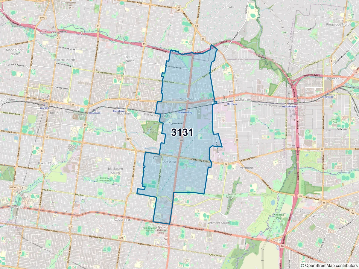Map of postcode 3131 — Nunawading, VIC, Australia