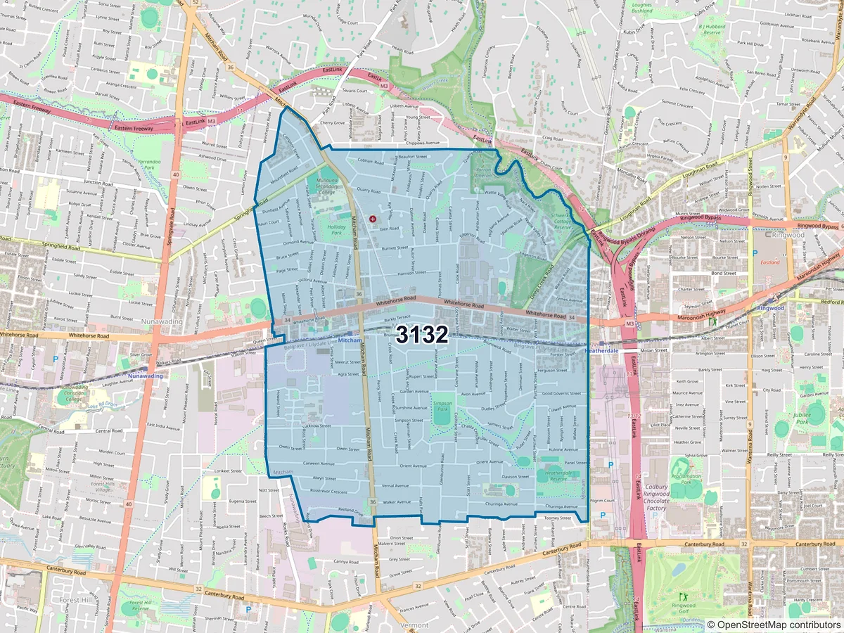Map of postcode 3132 — Mitcham, VIC, Australia