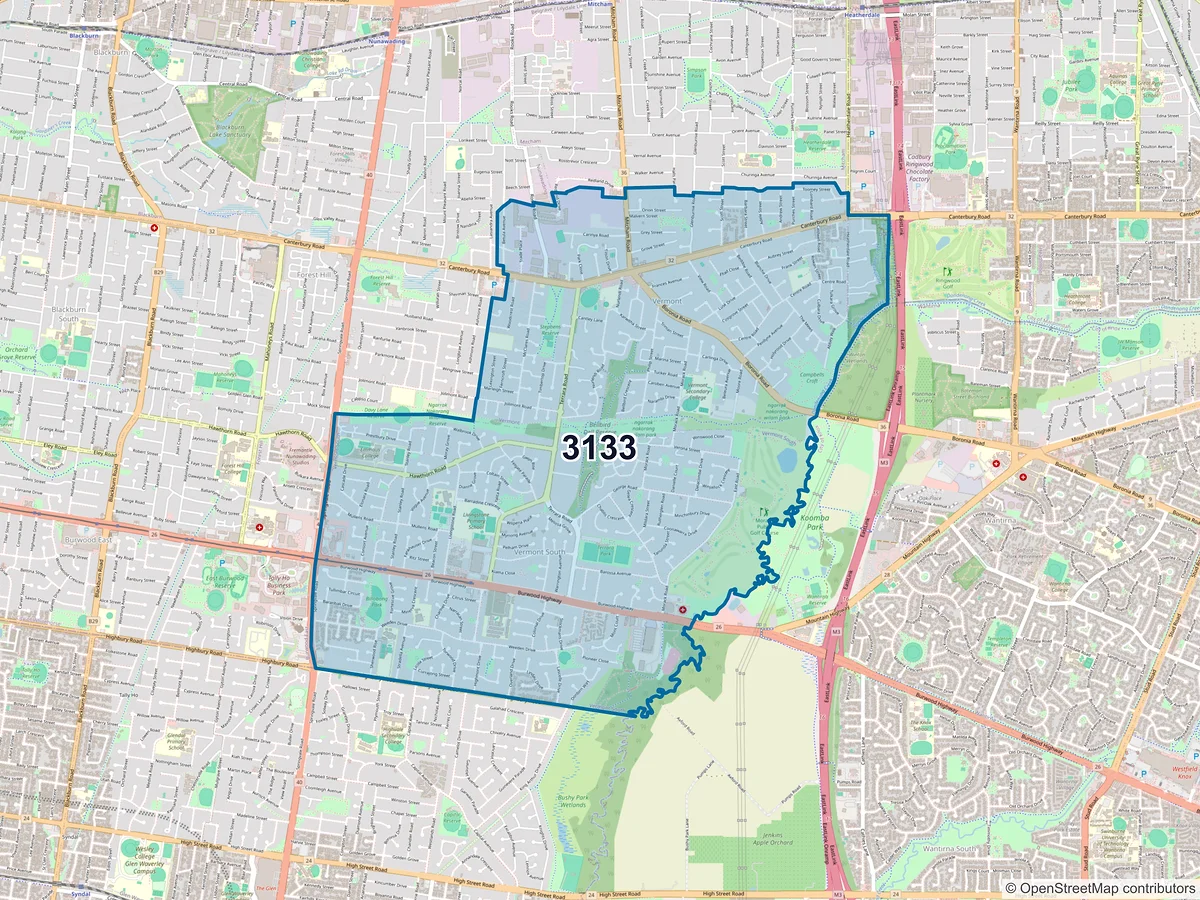 Map of postcode 3133 — Vermont South, VIC, Australia