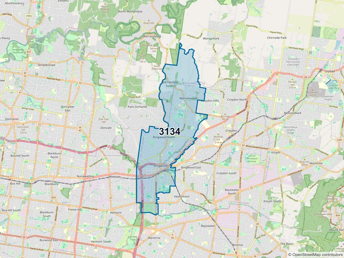 Map of postcode 3134 — Ringwood, VIC, Australia