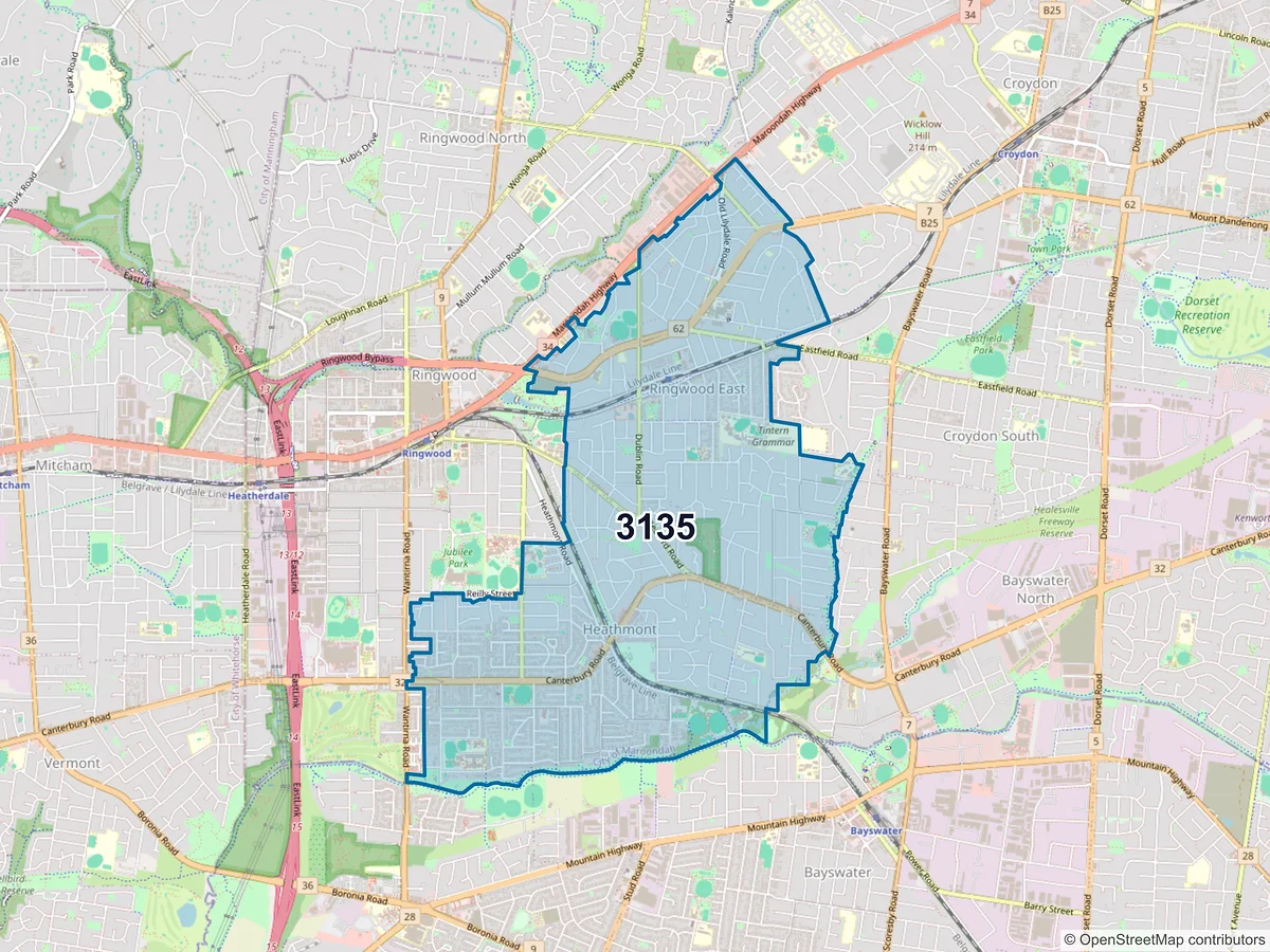 Map of postcode 3135 — Ringwood East, VIC, Australia