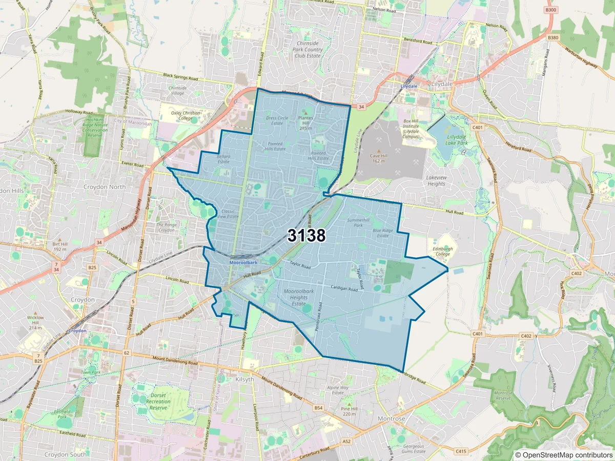 Map of postcode 3138 — Mooroolbark, VIC, Australia