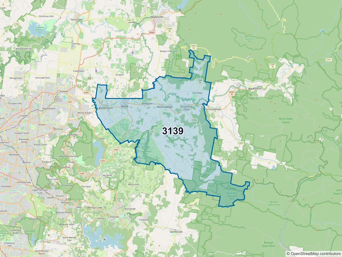 Map of postcode 3139 — Wandin North, VIC, Australia