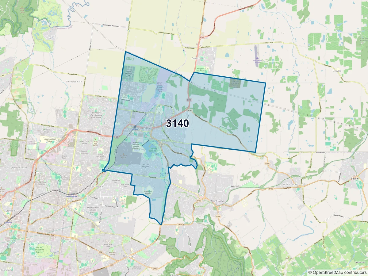 Map of postcode 3140 — Lilydale, VIC, Australia
