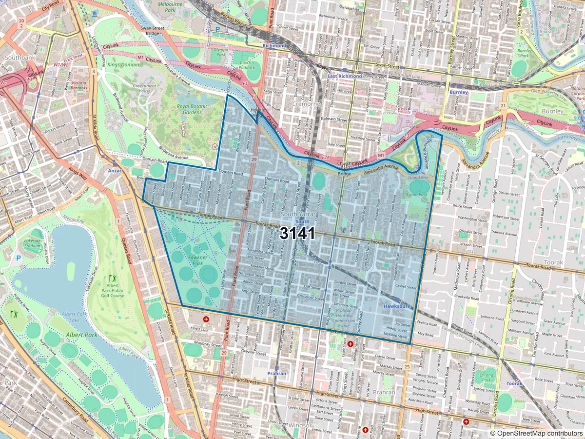 Map of postcode 3141 — South Yarra, VIC, Australia