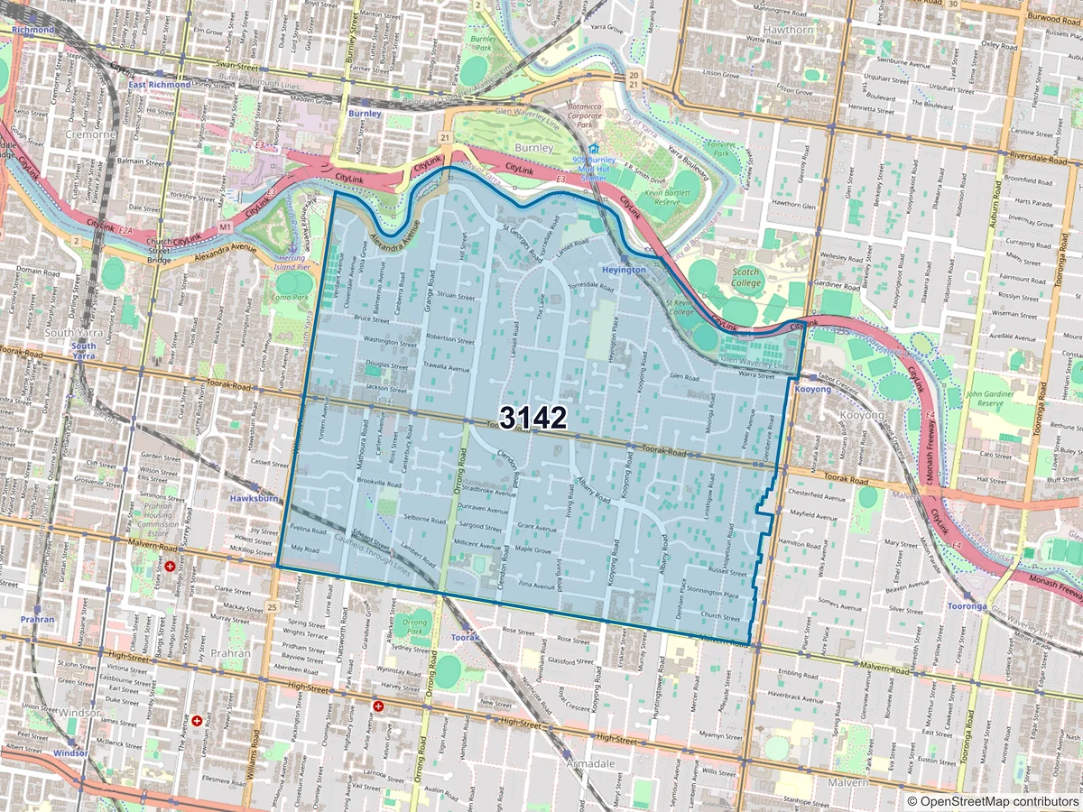 Map of postcode 3142 — Toorak, VIC, Australia