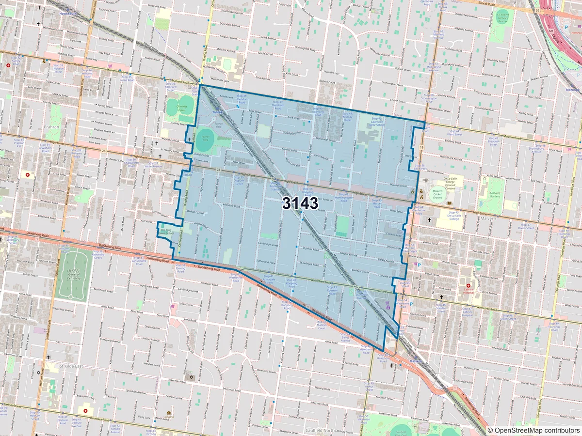 Map of postcode 3143 — Armadale, VIC, Australia