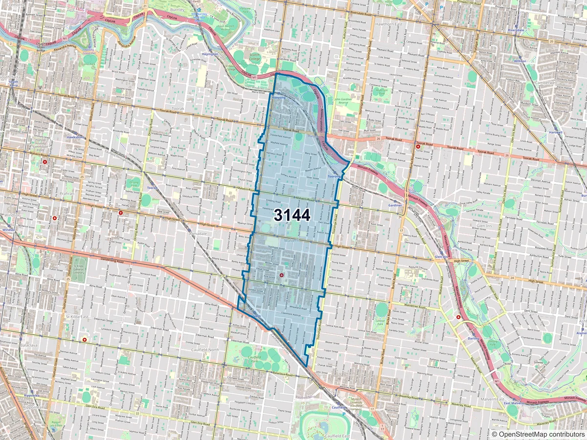 Map of postcode 3144 — Malvern, VIC, Australia