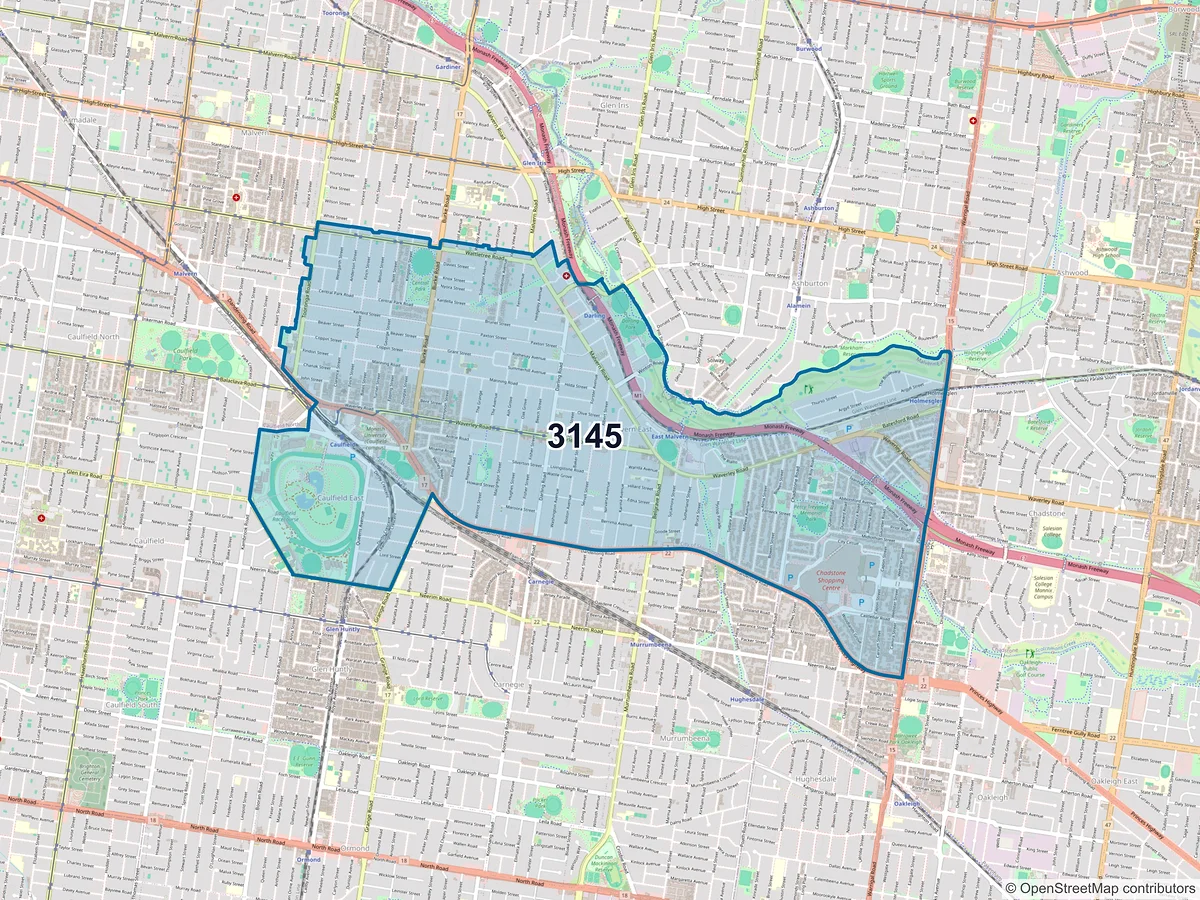 Map of postcode 3145 — Malvern East, VIC, Australia
