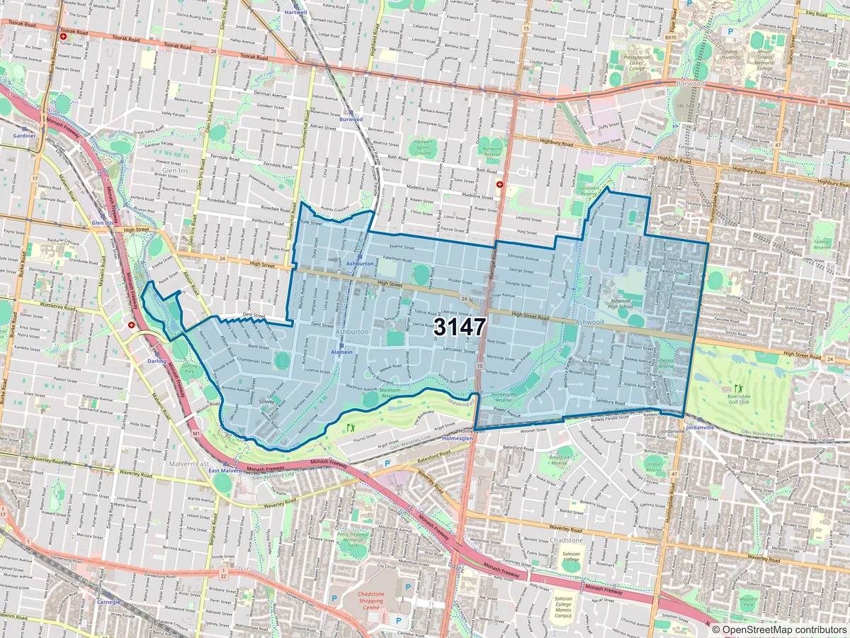 Map of postcode 3147 — Ashburton, VIC, Australia