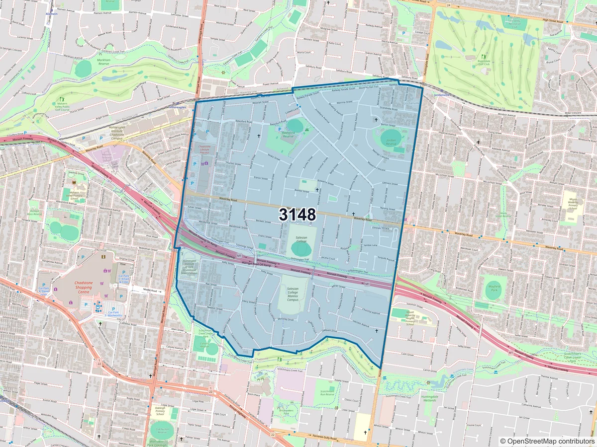 Map of postcode 3148 — Chadstone, VIC, Australia