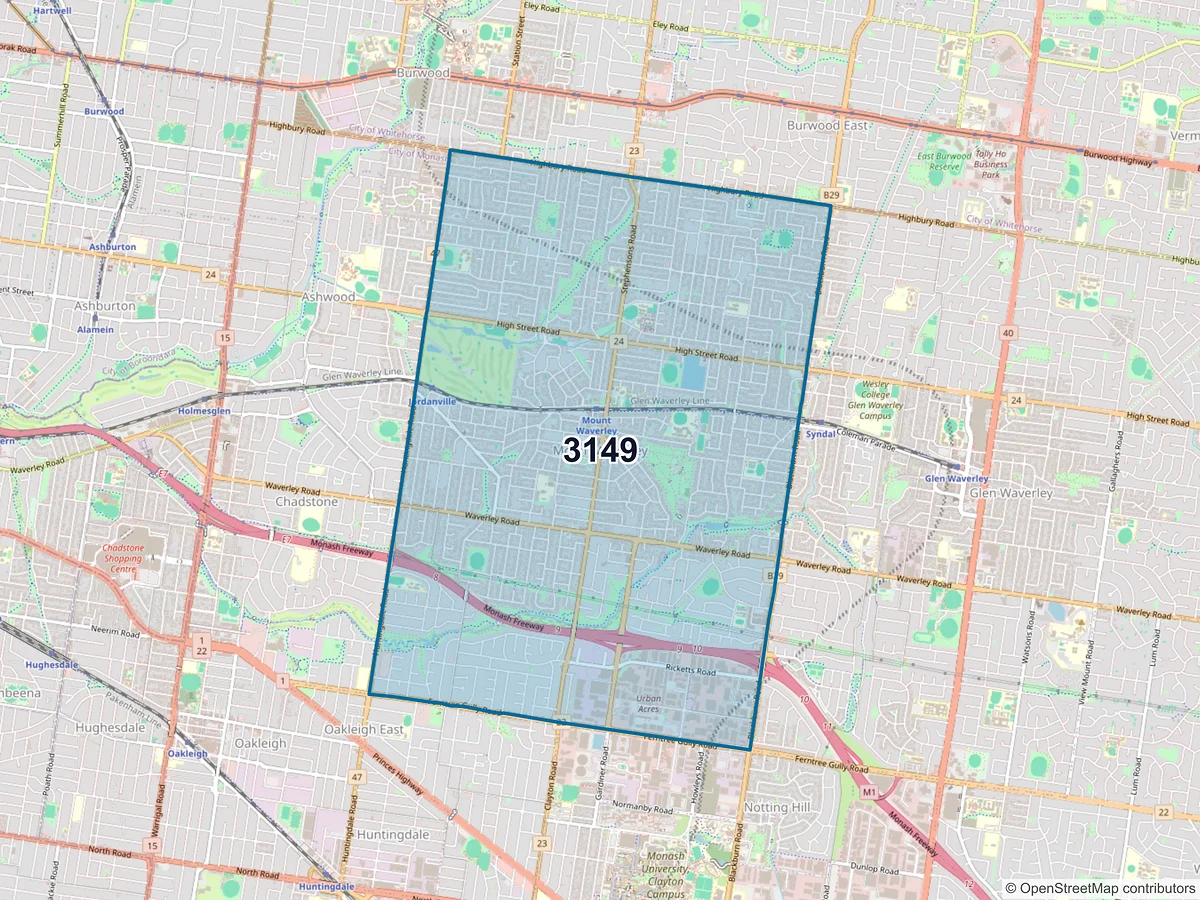 Map of postcode 3149 — Mount Waverley, VIC, Australia