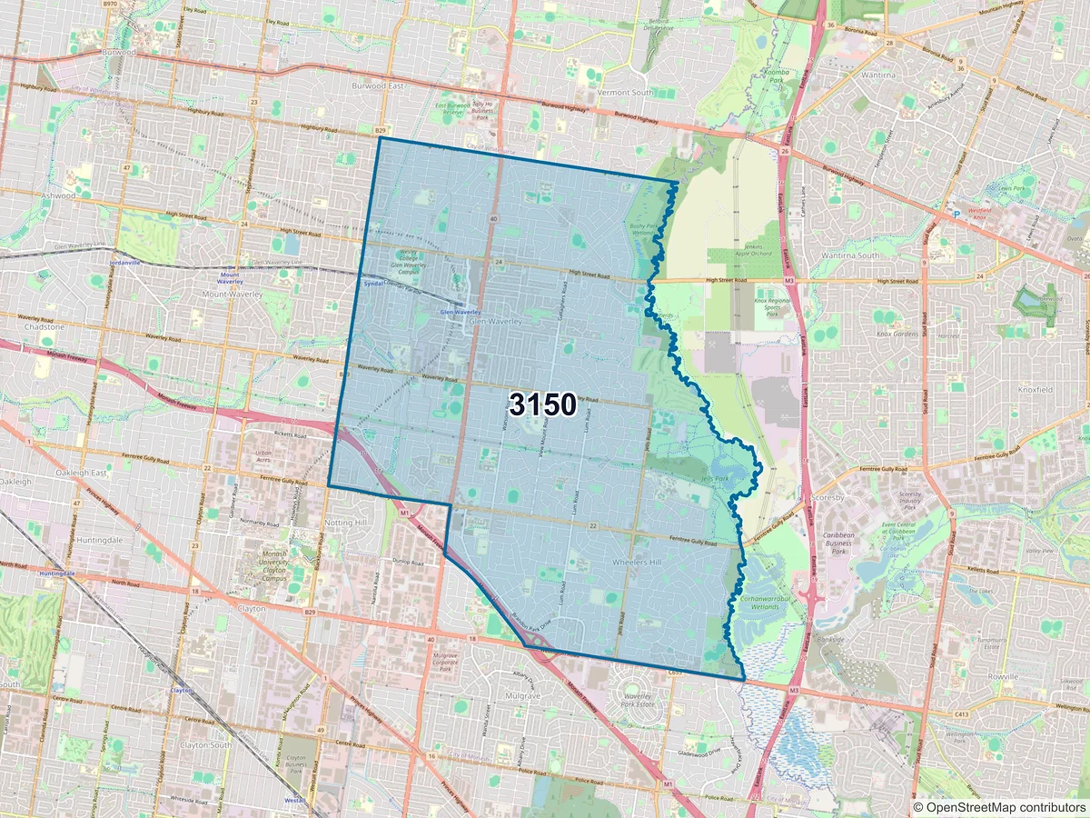 Map of postcode 3150 — Glen Waverley, VIC, Australia