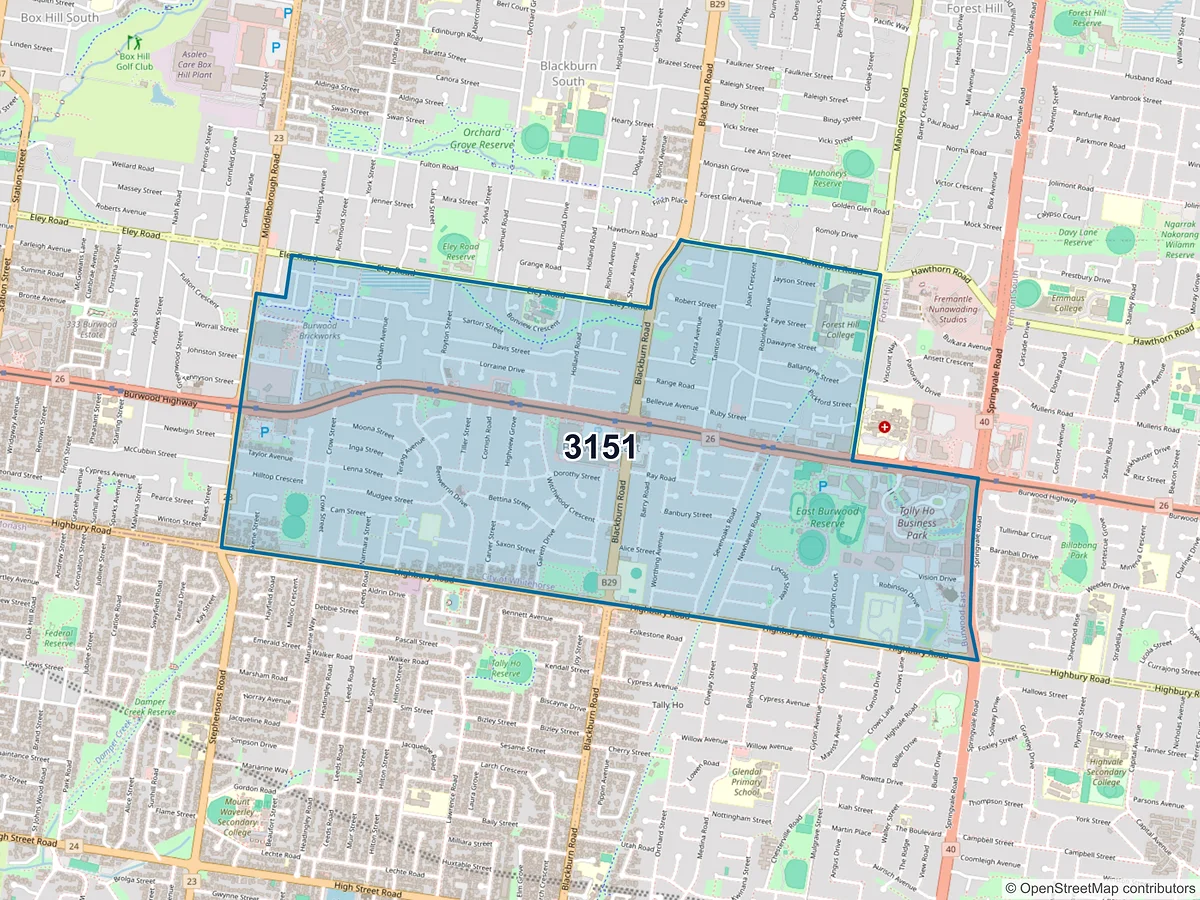Map of postcode 3151 — Burwood East, VIC, Australia