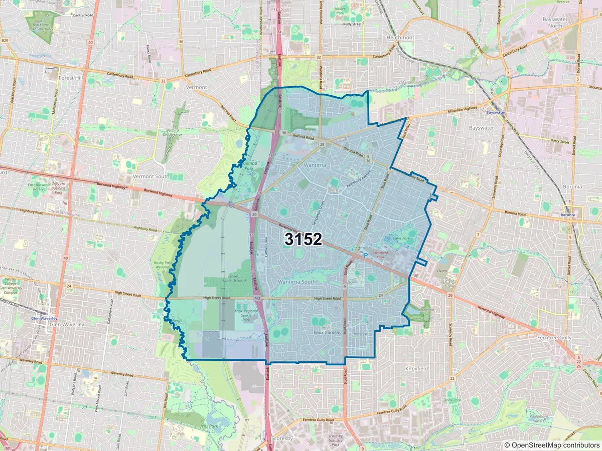 Map of postcode 3152 — Wantirna South, VIC, Australia