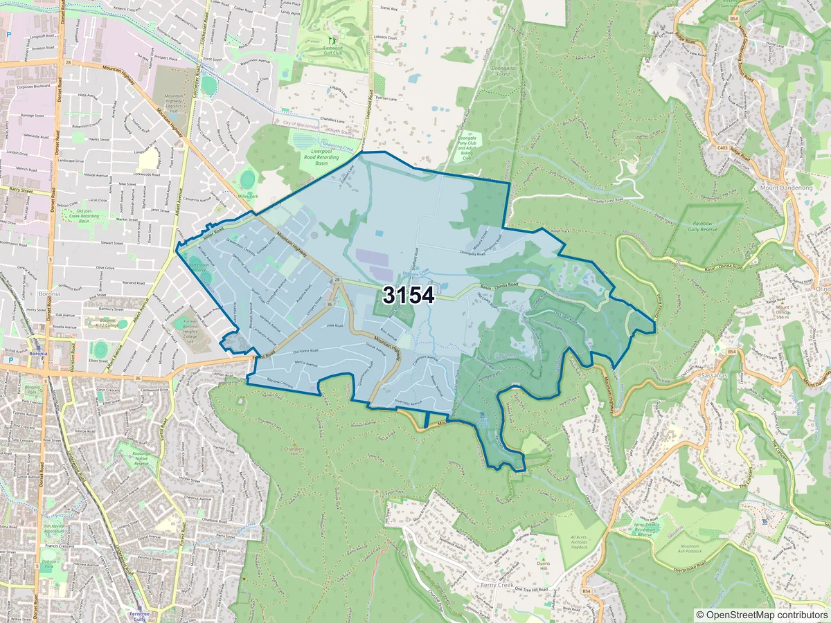 Map of postcode 3154 — The Basin, VIC, Australia