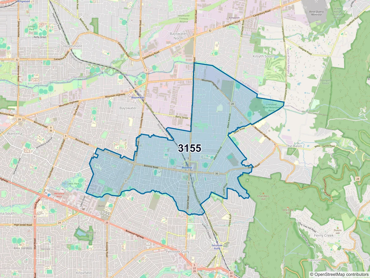 Map of postcode 3155 — Boronia, VIC, Australia
