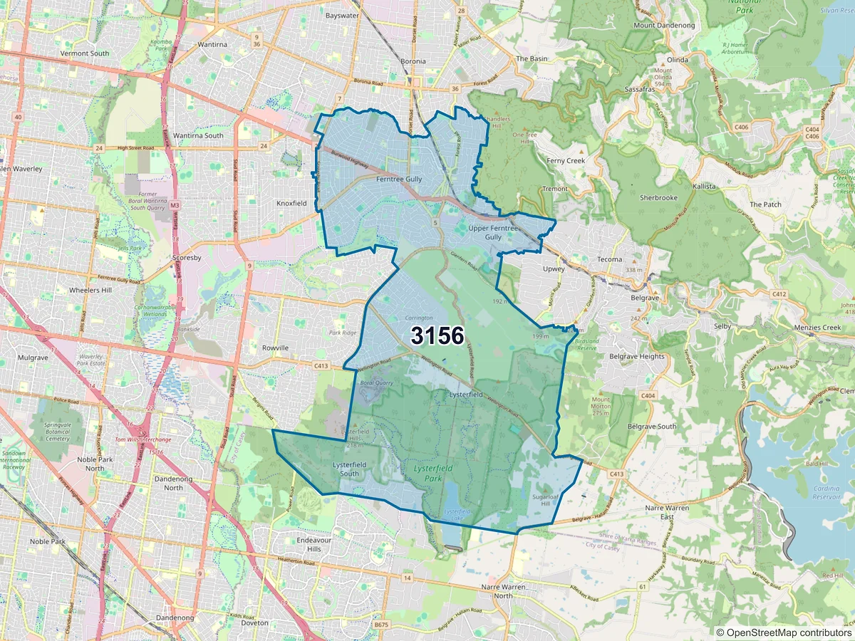 Map of postcode 3156 — Ferntree Gully, VIC, Australia