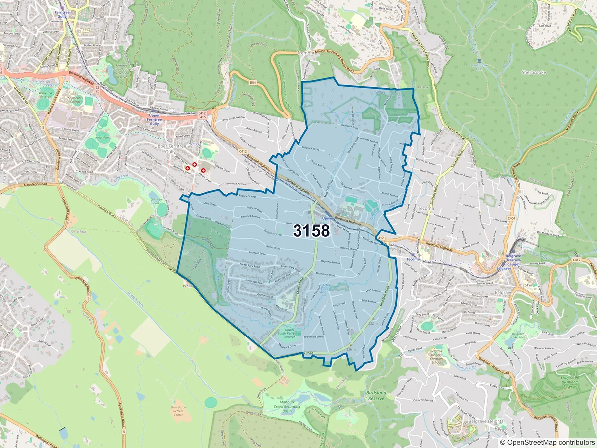Map of postcode 3158 — Upwey, VIC, Australia