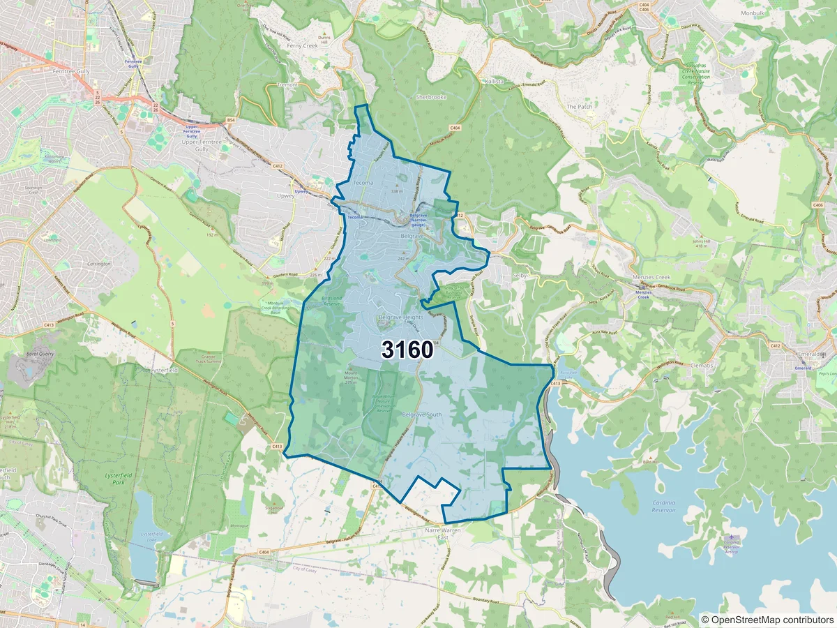 Map of postcode 3160 — Belgrave, VIC, Australia