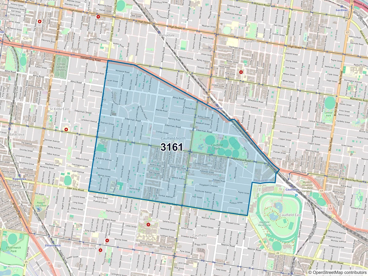 Map of postcode 3161 — Caulfield North, VIC, Australia