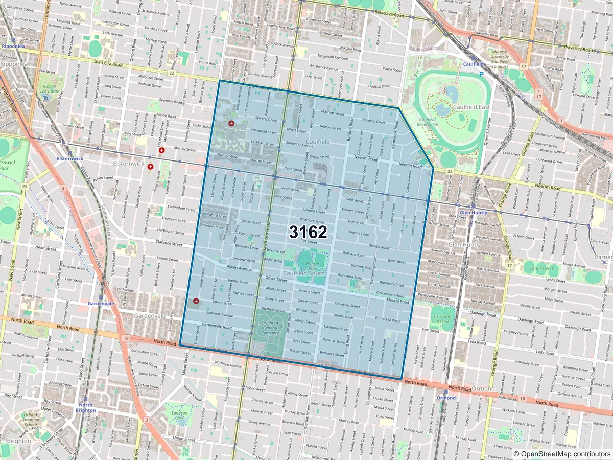 Map of postcode 3162 — Caulfield South, VIC, Australia