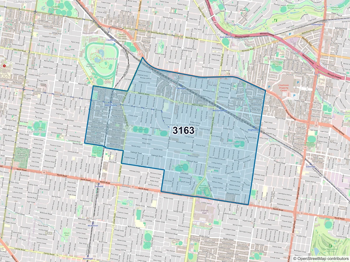 Map of postcode 3163 — Carnegie, VIC, Australia