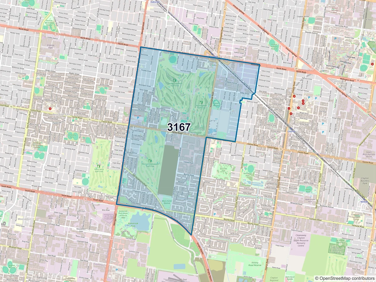 Map of postcode 3167 — Oakleigh South, VIC, Australia