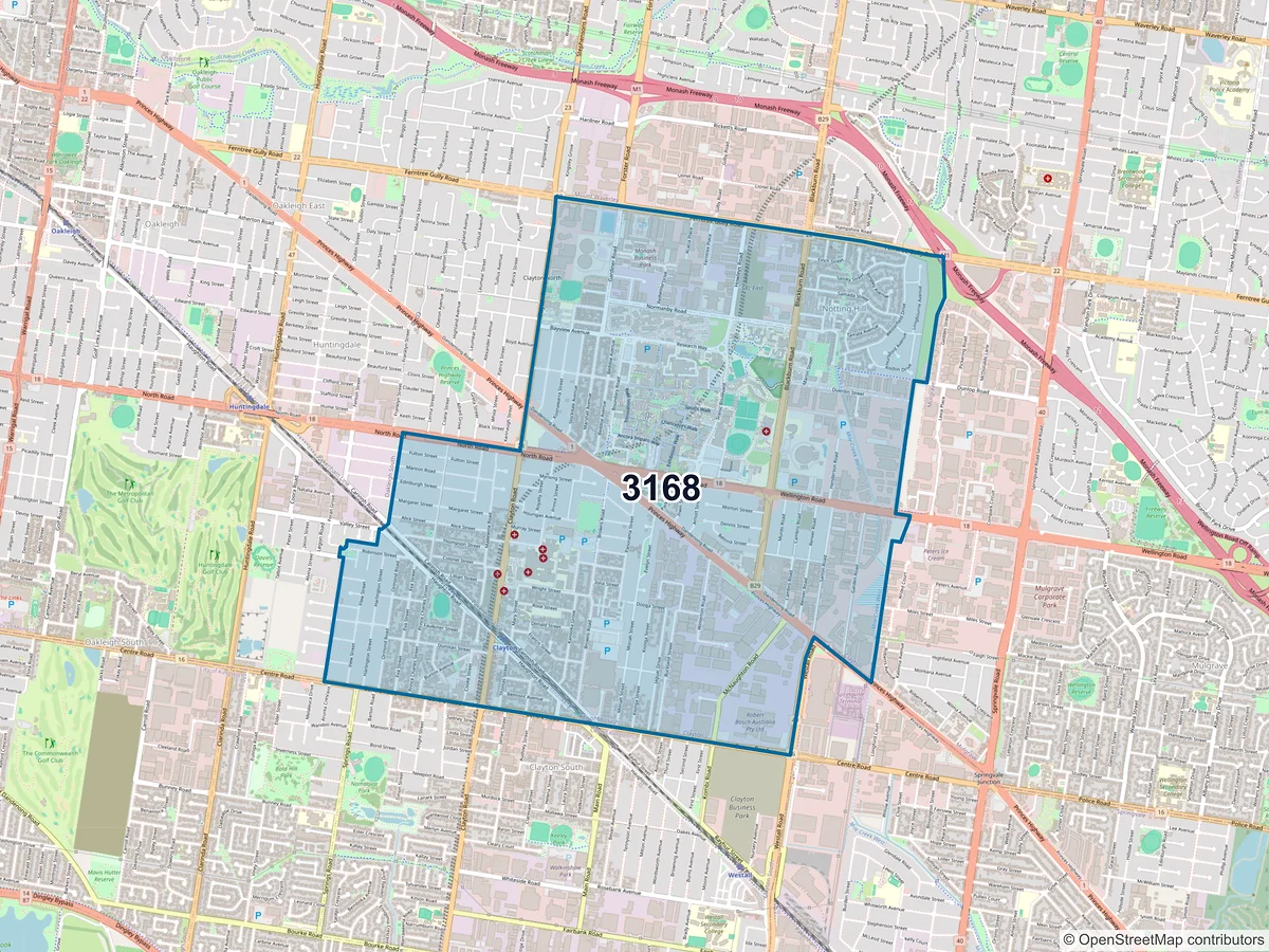 Map of postcode 3168 — Clayton, VIC, Australia