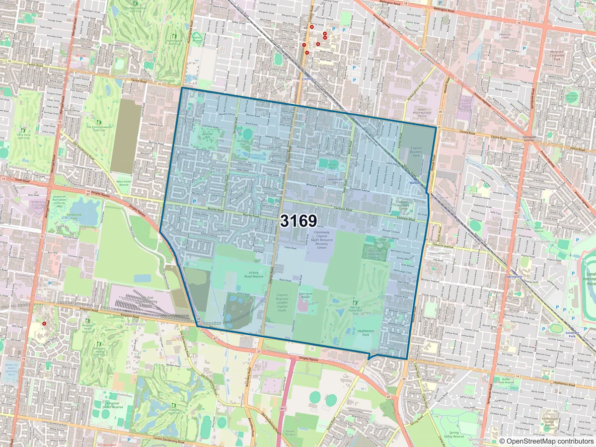 Map of postcode 3169 — Clayton South, VIC, Australia