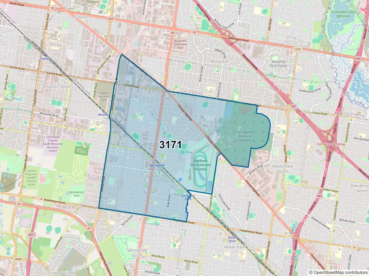 Map of postcode 3171 — Springvale, VIC, Australia