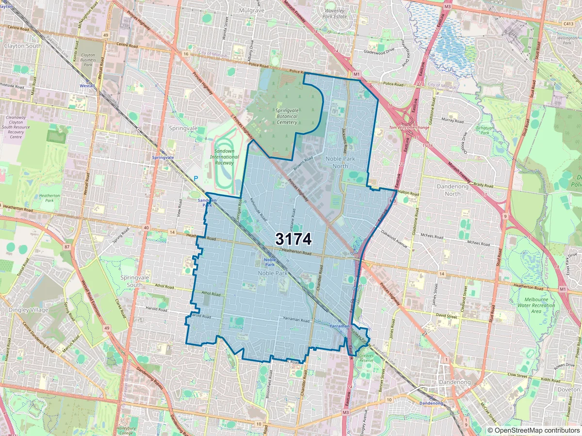 Map of postcode 3174 — Noble Park, VIC, Australia