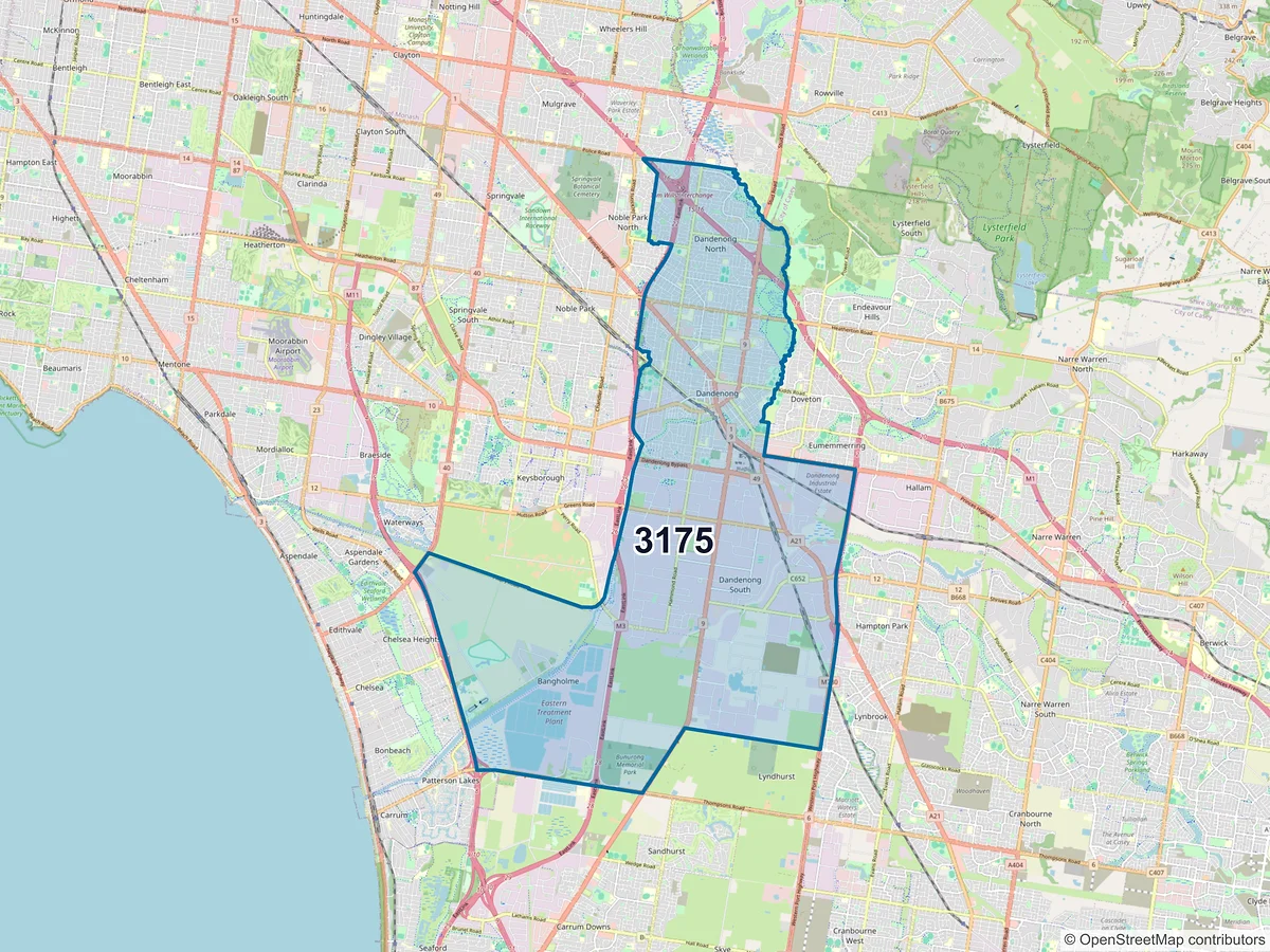 Map of postcode 3175 — Dandenong, VIC, Australia
