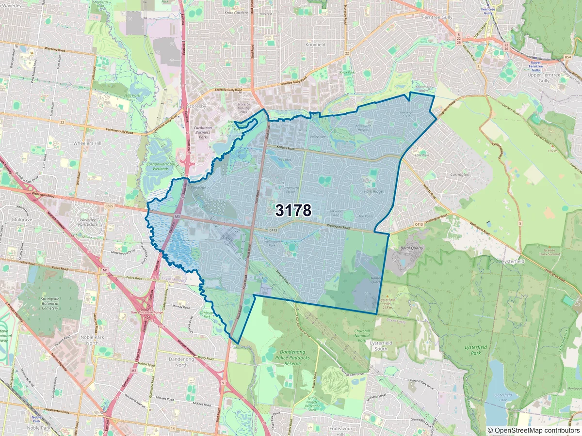 Map of postcode 3178 — Rowville, VIC, Australia