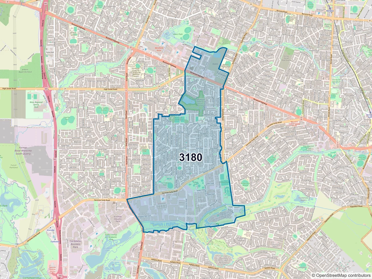 Map of postcode 3180 — Knoxfield, VIC, Australia