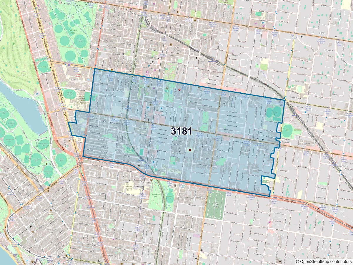 Map of postcode 3181 — Prahran, VIC, Australia