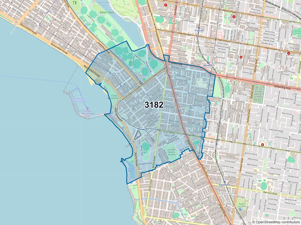 Map of postcode 3182 — St Kilda, VIC, Australia