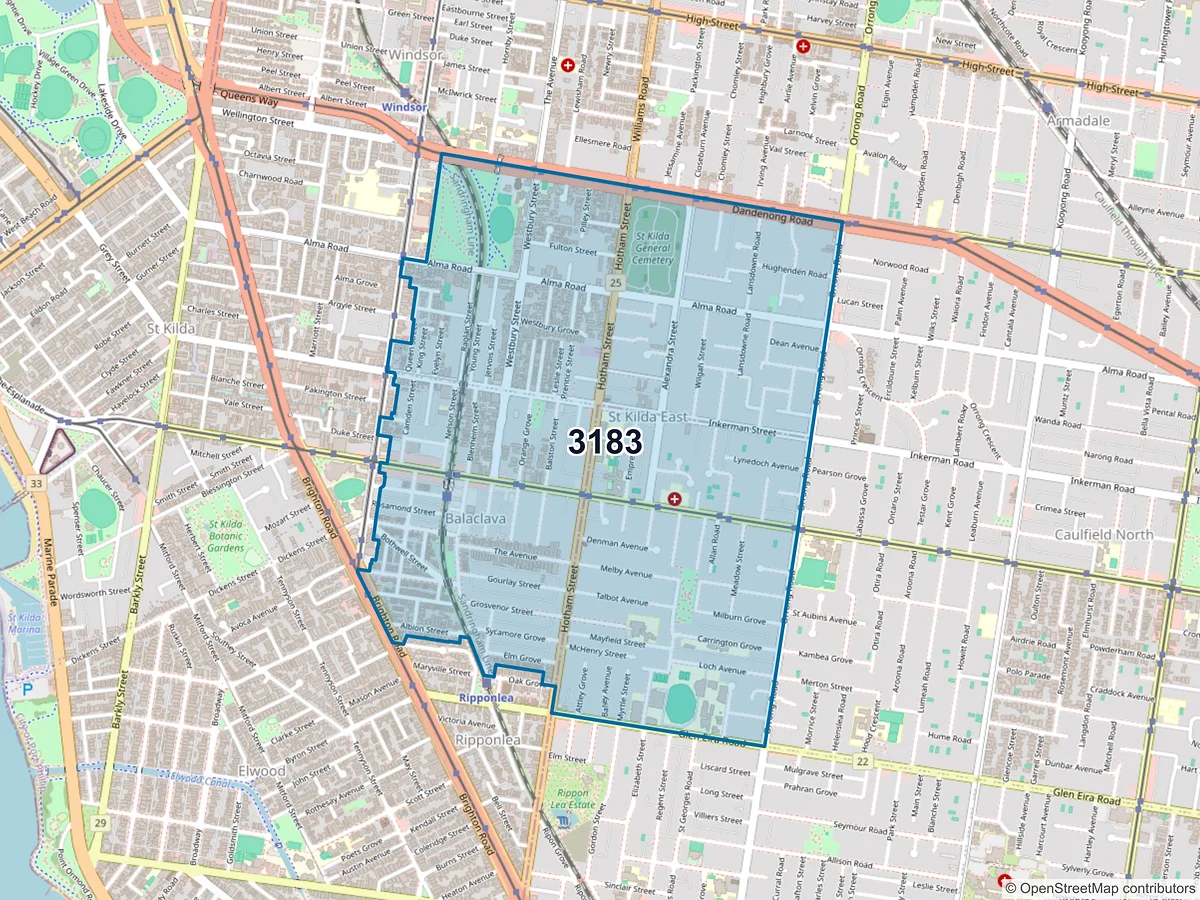 Map of postcode 3183 — St Kilda East, VIC, Australia