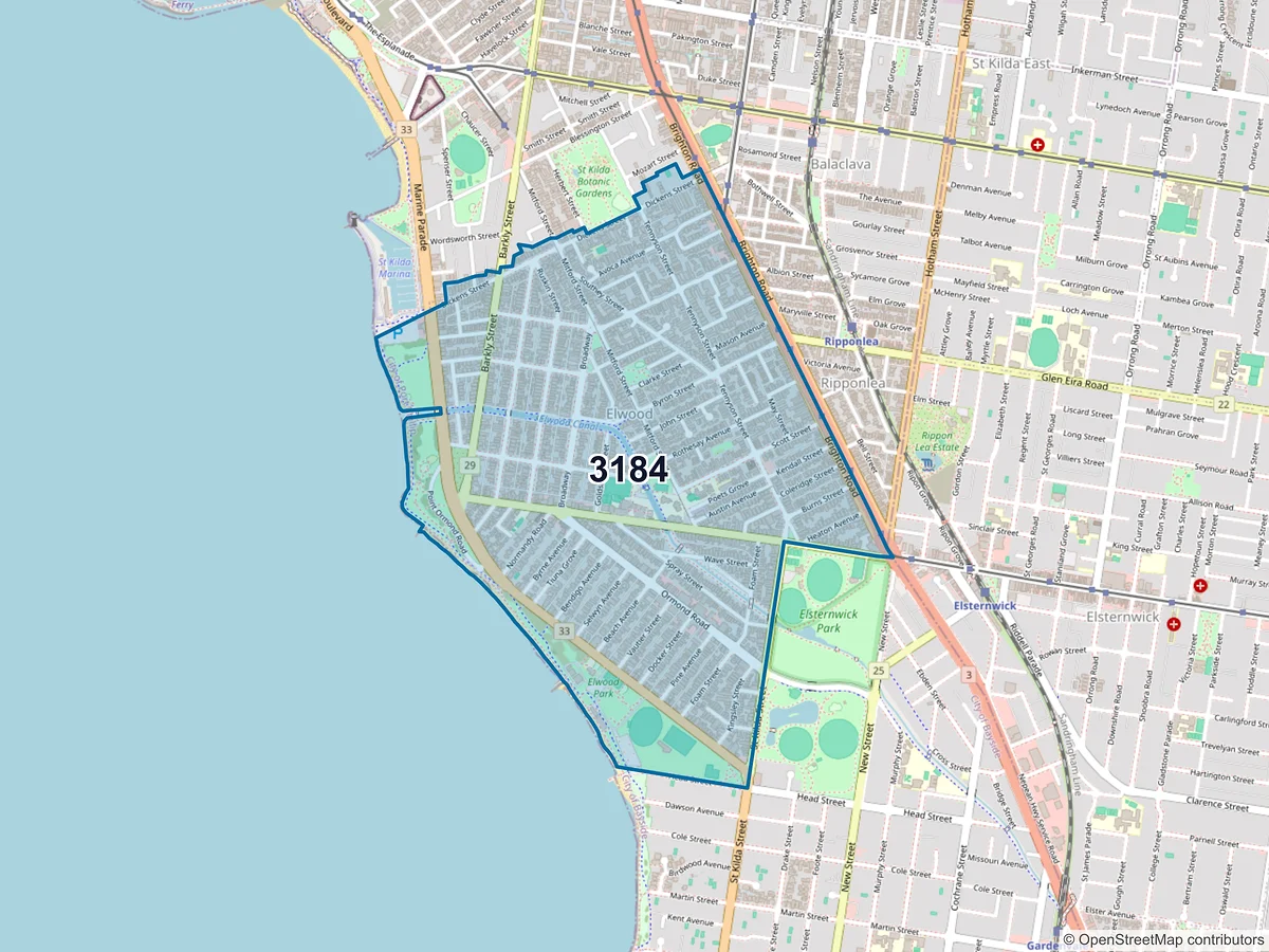 Map of postcode 3184 — Elwood, VIC, Australia