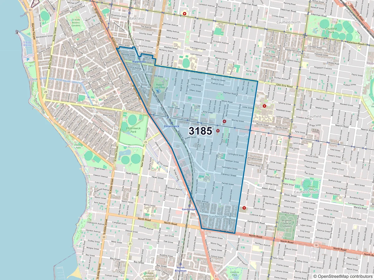 Map of postcode 3185 — Elsternwick, VIC, Australia