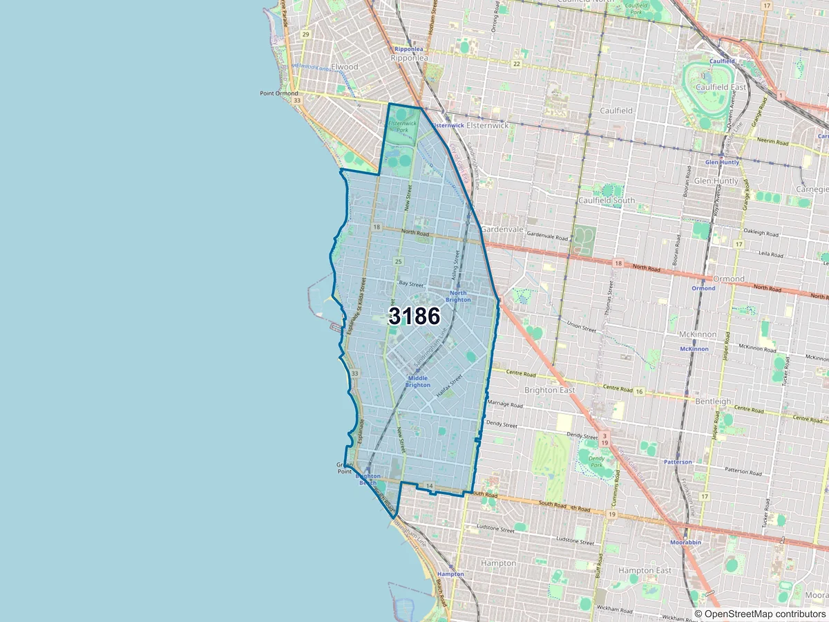 Map of postcode 3186 — Brighton, VIC, Australia