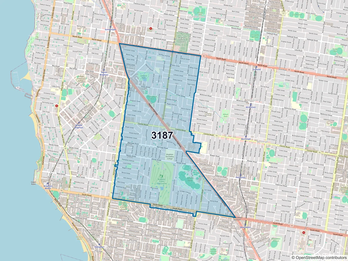 Map of postcode 3187 — Brighton East, VIC, Australia