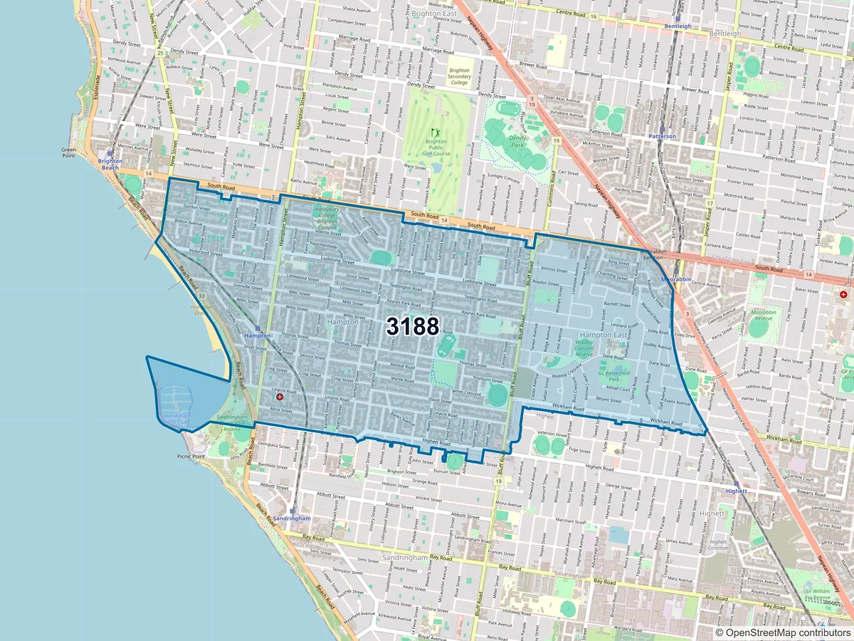 Map of postcode 3188 — Hampton, VIC, Australia