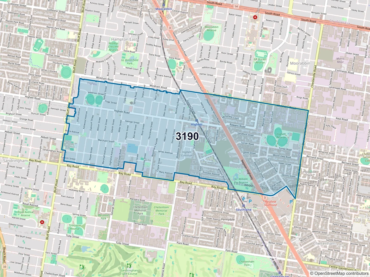 Map of postcode 3190 — Highett, VIC, Australia