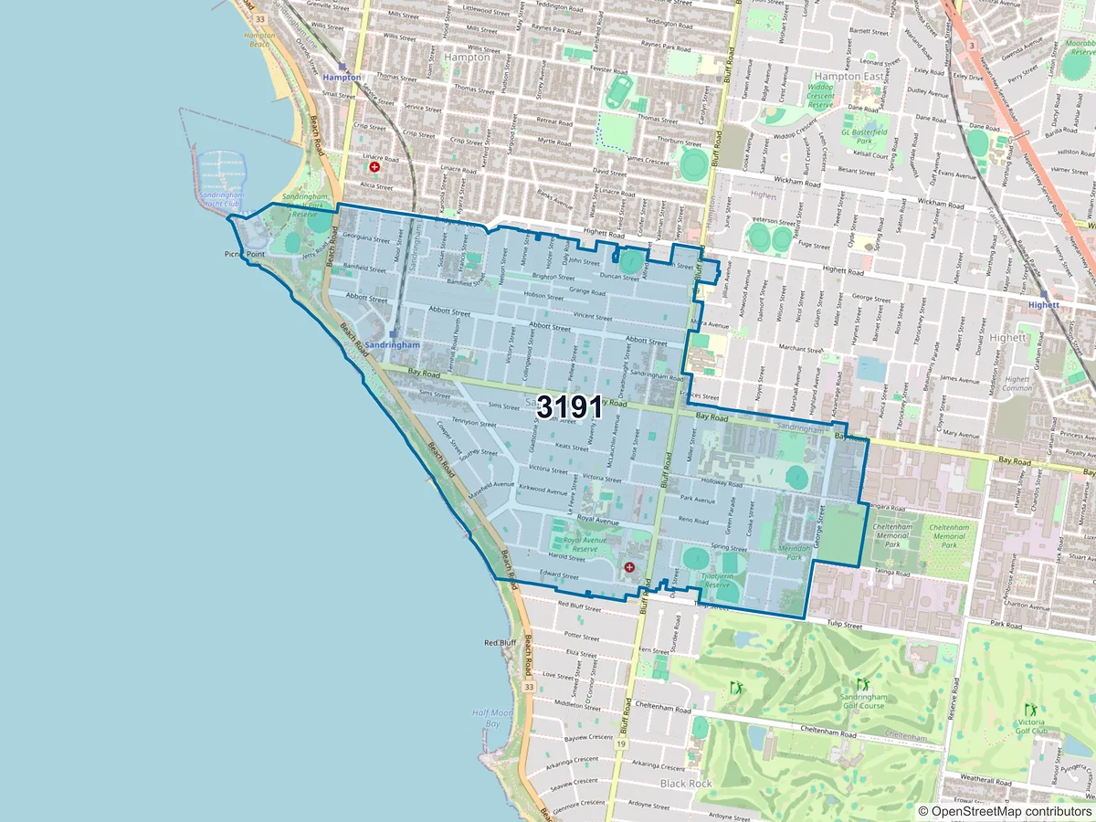 Map of postcode 3191 — Sandringham, VIC, Australia